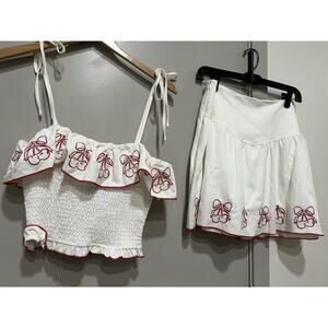 NWT Thirty/Thirty LA White Red Cherry Print Linen Blend 2 Piece skirt Set Size L